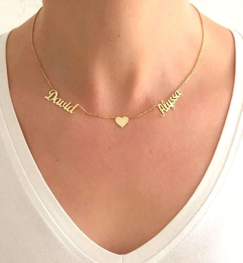 PREORDER: Custom Two Name Necklace with Heart in Three Colors