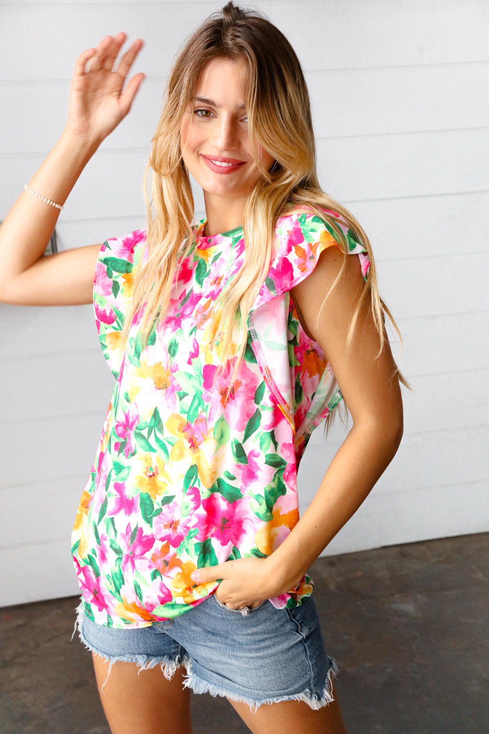 Pink & Green Watercolor Floral Ruffle Sleeve Top
