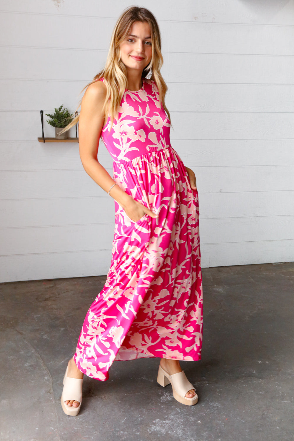 Pink Floral Print Fit and Flare Sleeveless Maxi Dress