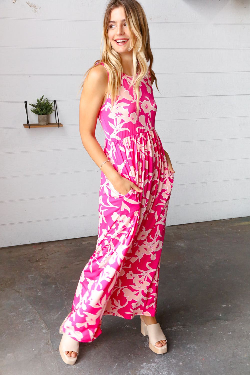Pink Floral Print Fit and Flare Sleeveless Maxi Dress