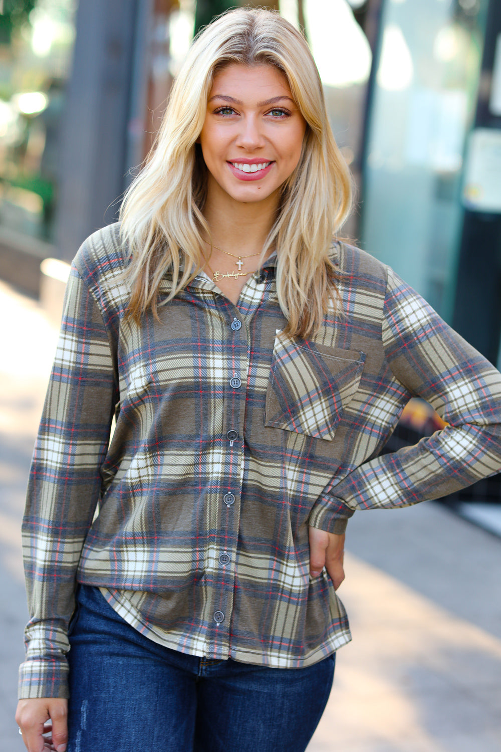 Olive Plaid Lightweight Button Up Shacket