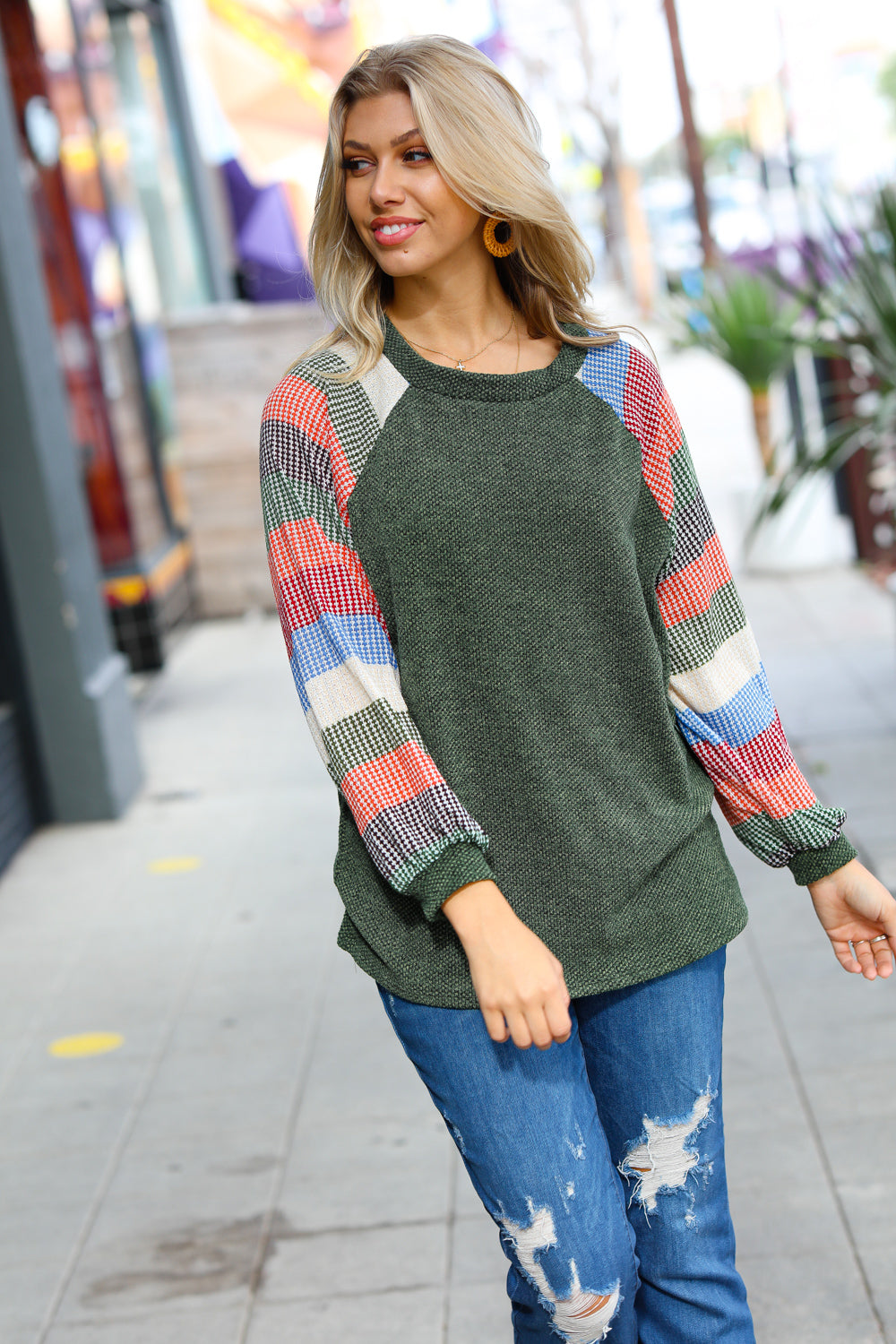 Carry On Forest Green Stripe Textured Knit Top