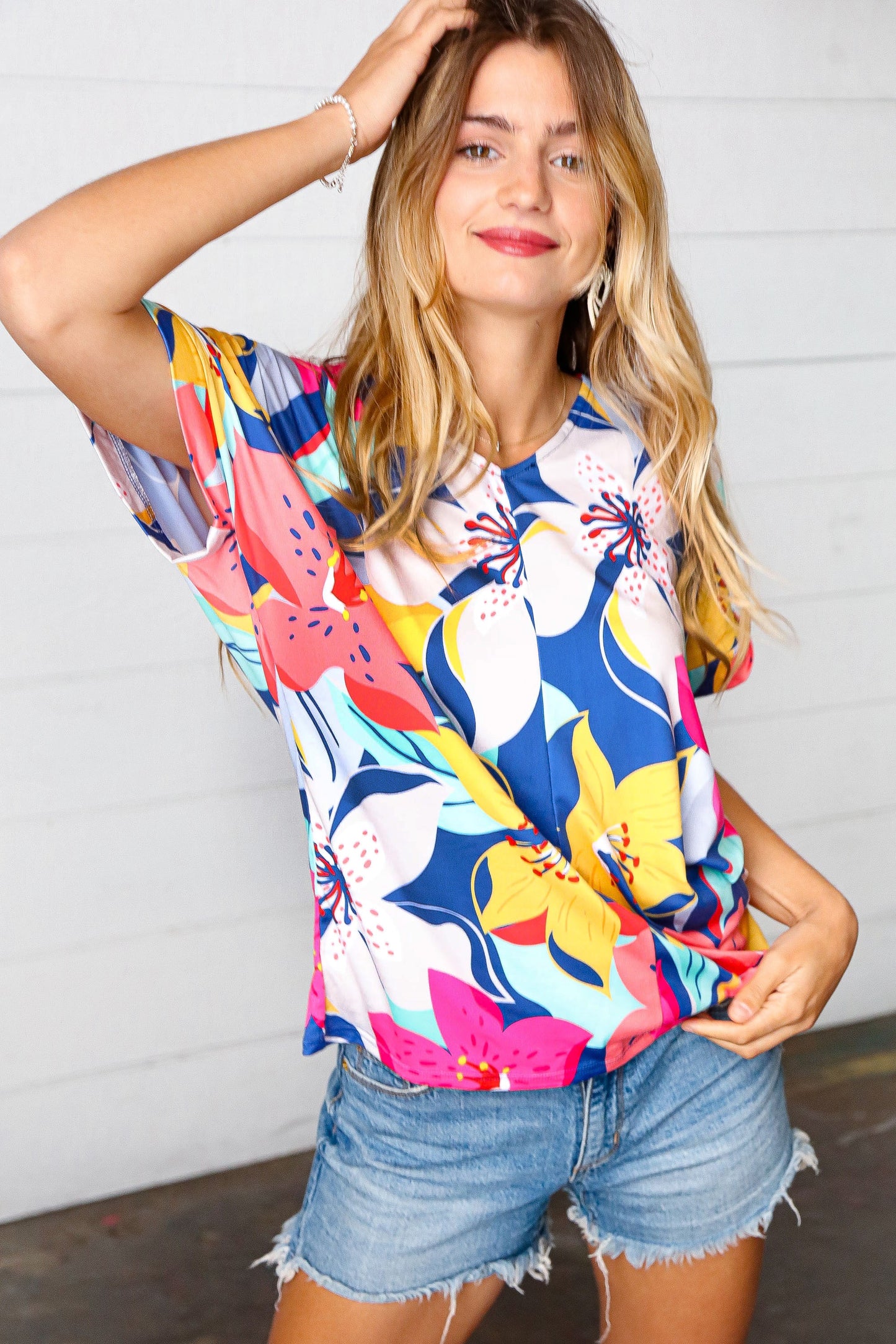 Navy & Yellow Tropical Floral V Neck Top