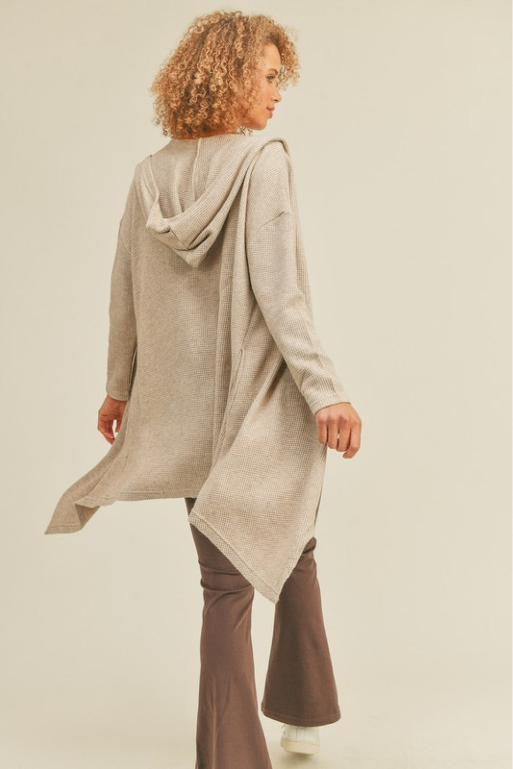 Kimberly C Full Size Waffle Knit Hooded Cardigan in Sand