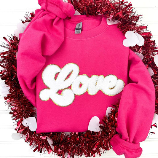 PREORDER: Chenille Patch Love Sweatshirt on Pink