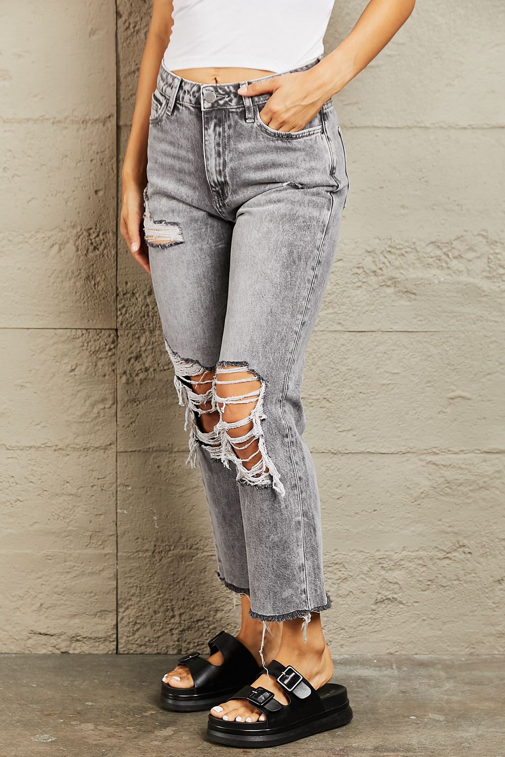 BAYEAS Acid Wash Distressed Cropped Straight Jeans