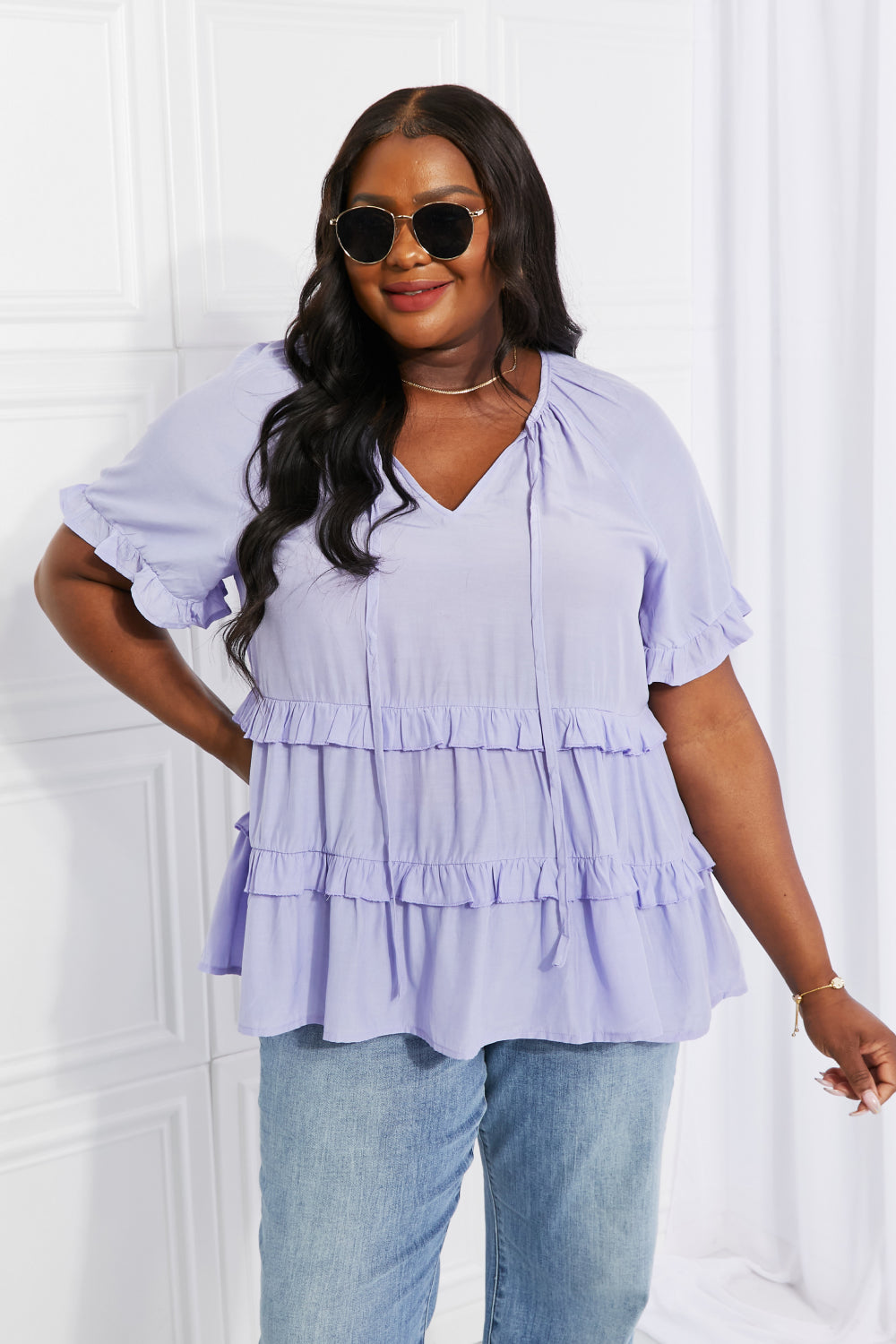 HEYSON Full Size Meant To Be Tie Neck Ruffle Top