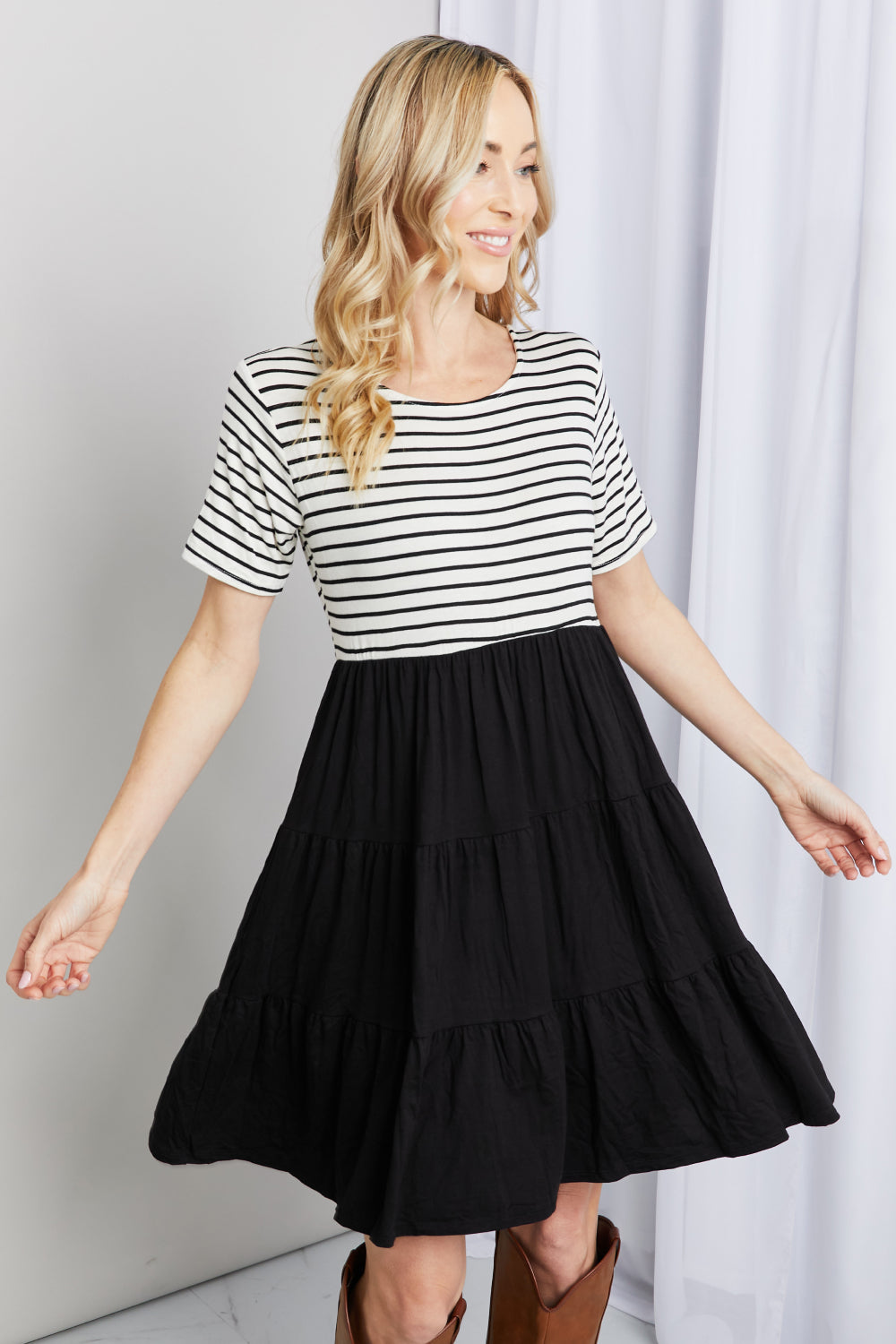 Heimish Full Size Two-Tone Short Sleeve Spliced Dress